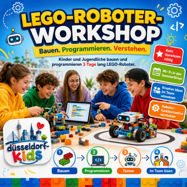 Kinder arbeiten an einem LEGO-Roboter, programmieren und lernen dabei.