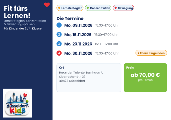 Terminübersicht für die Veranstaltung "Fit fürs Lernen!" mit Preisen ab 70,00 €.