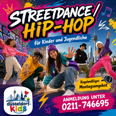 Bunte Werbung für Streetdance und Hip-Hop-Kurse für Kinder und Jugendliche in Düsseldorf.