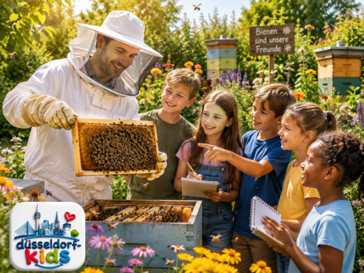 Ein Imker zeigt Kindern Bienenstöcke umgeben von bunten Blumen.