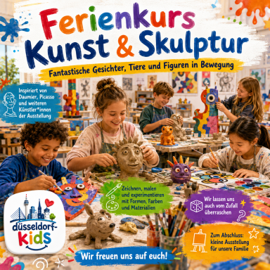 Ferienkurs für Kinder mit Kunst- und Skulpturaktivitäten, farbenfrohe Materialien und Figuren.