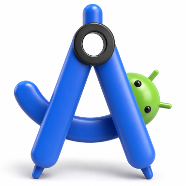 Grüner Android-Roboter schaut hinter einem blauen Zirkel hervor.