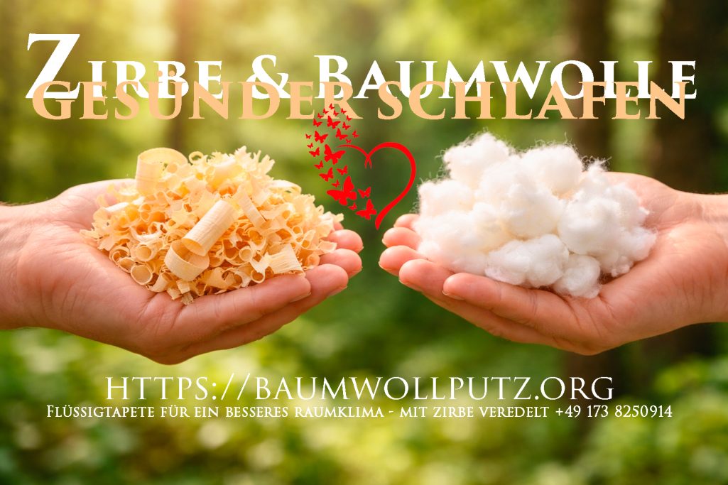 Zirbenholz & Baumwollputz Zwei Hände halten Zirbenholzspäne und Baumwolle in einer grünen Umgebung.