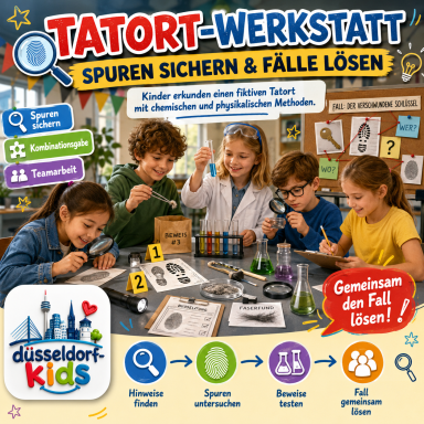 Kinder untersuchen Beweise und lösen Fälle in der Tatort-Werkstatt.