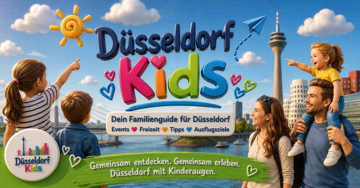 Familienausflug in Düsseldorf mit fröhlichen Kindern vor der Skyline und buntem Logo.