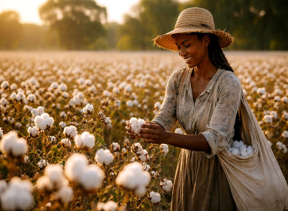 Eine Frau in einem Baumwollfeld pflückt Baumwolle in goldenem Licht.