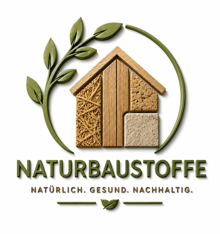 Logodesign mit Haus, Holztexturen und dem Schriftzug "Naturbaustoffe".