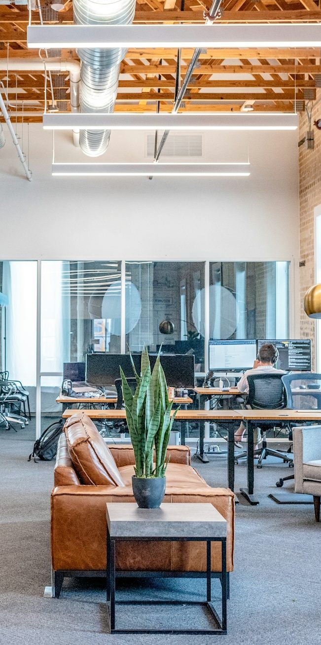 Moderne Büroumgebung mit Pflanzen, Ledersofa und Tischen. Helle, offene Gestaltung.