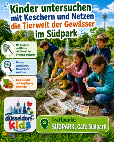 Kinder sammeln mit Keschern und Netzen Wasserlebewesen im Südpark.