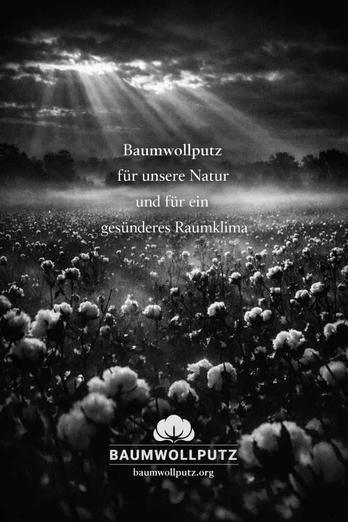 Schwarz-weißes Feld mit Baumwolle, Sonnenstrahlen brechen durch Wolken.