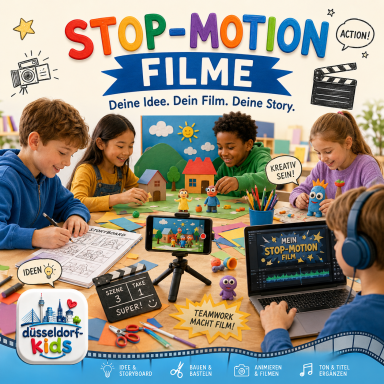 Kinder erstellen Stop-Motion-Filme mit verschiedenen Requisiten und Geräten.