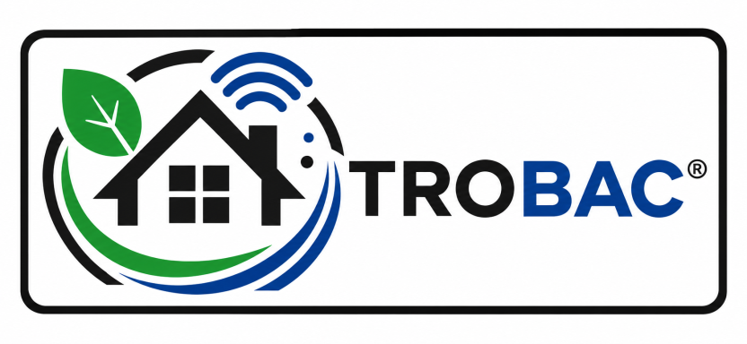 Logo von TROBAC mit einem Haus, Blättern und Wellen.