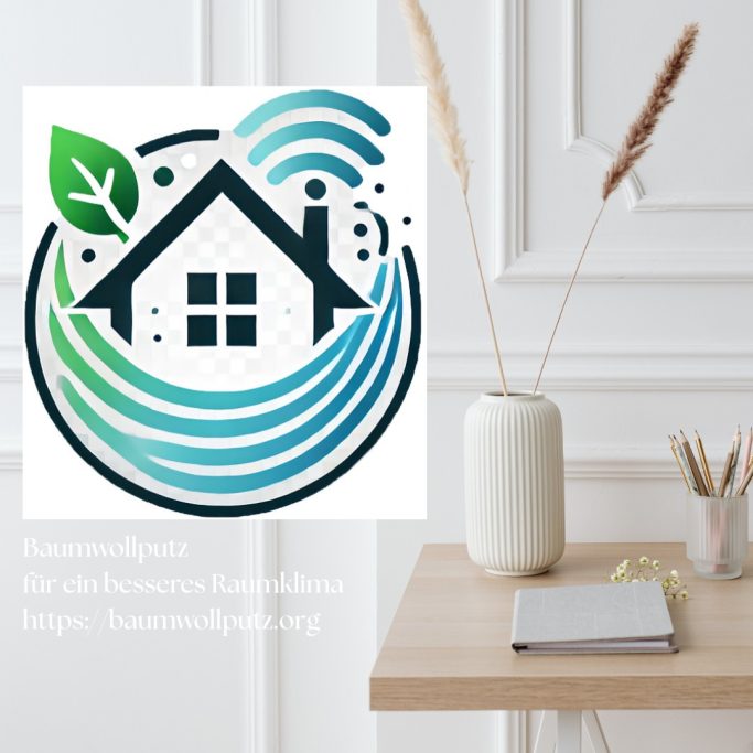 Logo eines Hauses mit Blättern und Wellen, symbolisiert Nachhaltigkeit und Umweltbewusstsein.