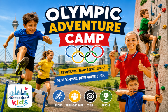 Olympische Abenteuer-Camp-Ankündigung mit Kindern, die verschiedene Aktivitäten durchführen.