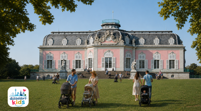 Ein rosa Gebäude im Park mit Besuchern und Kinderwagen auf einem Rasen.