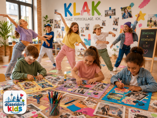 Kinder basteln und tanzen in einem kreativen Raum voller Farben und Kunstwerke.