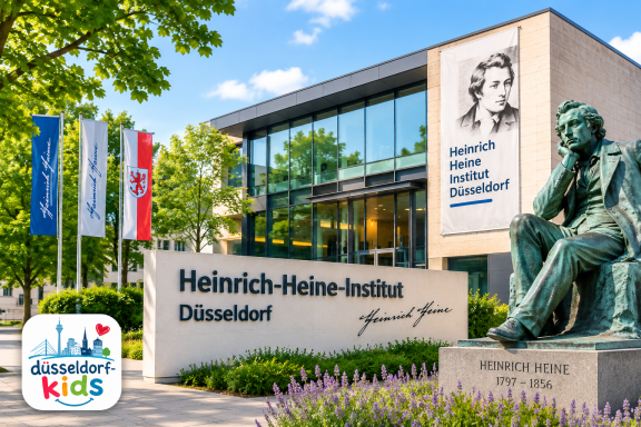 Fassade des Heinrich-Heine-Instituts in Düsseldorf mit Statue und Flaggen.