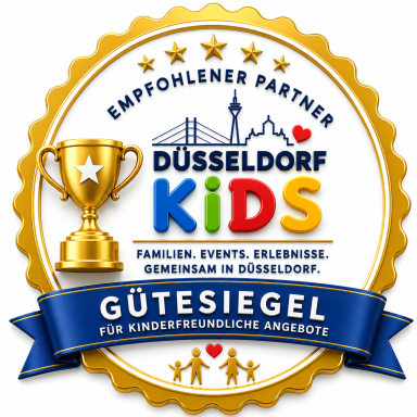 Gütesiegel für kinderfreundliche Angebote in Düsseldorf, verziert mit einem Pokal.