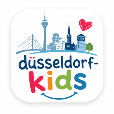 Logo von "Düsseldorf-Kids" mit Skyline und Herzsymbol.