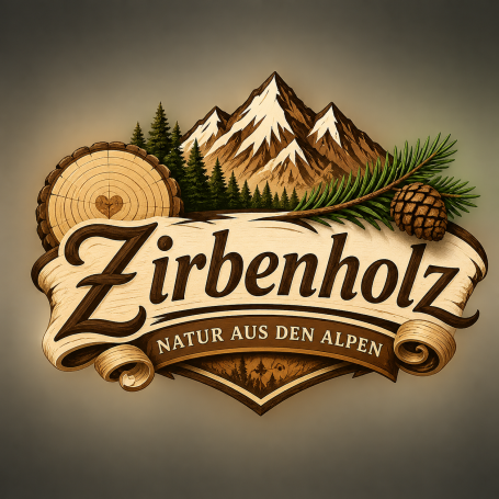 Logo von Zirbenholz mit Bergen, Holzscheit und Tannenzweigen, Text in rustikaler Schrift.
