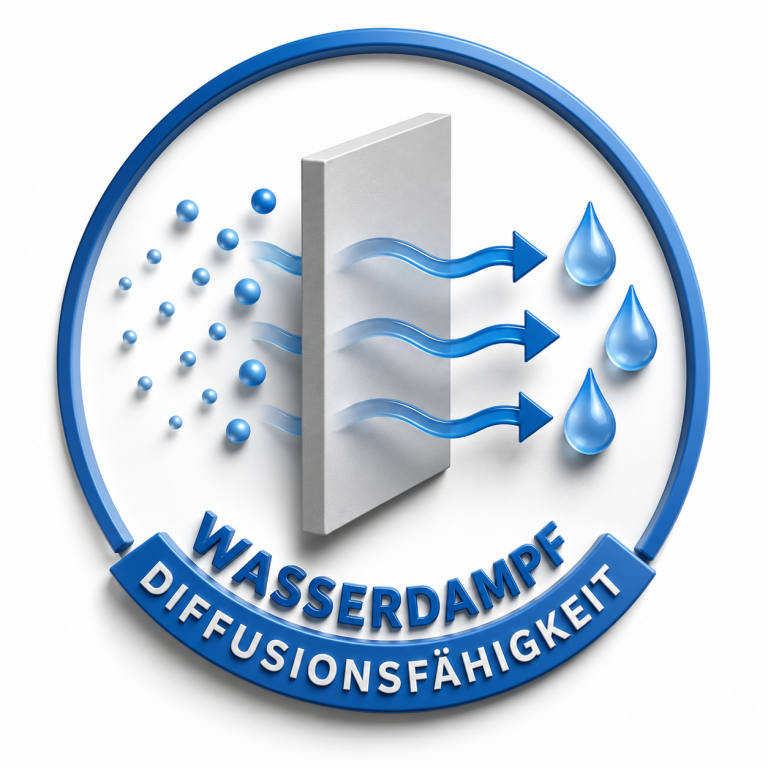 Logo zur Wasserdampf-Diffusionsfähigkeit mit Pfeilen und Wassertropfen.