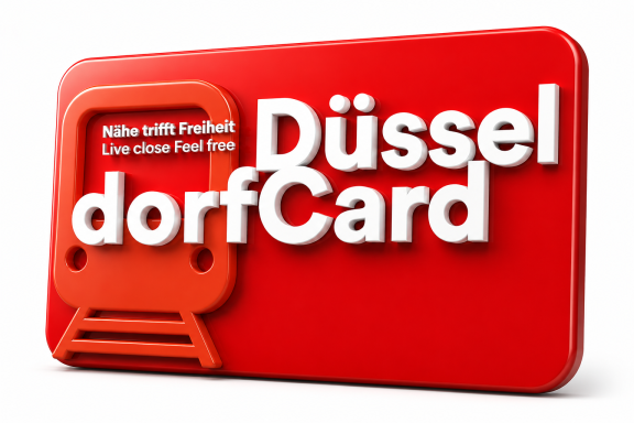 Rote dorfCard mit dem Text "Düsseldorf" und einem Symbol eines Zuges.